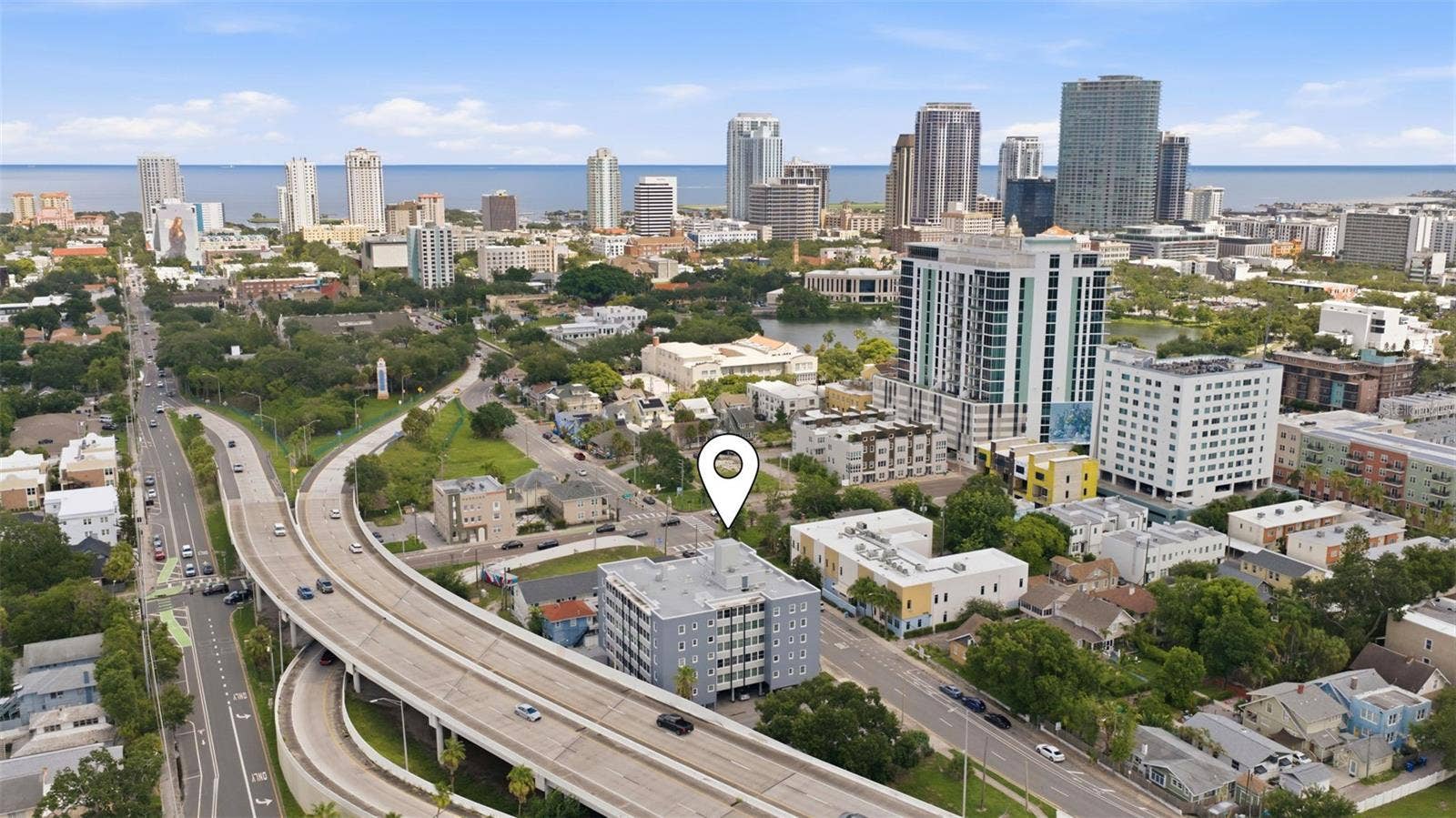 841 4TH AVENUE N, #27, St Petersburg, FL 33701 Aerial perspective showcasing the nearby Downtown St. Petersburg skyline and surrounding neighborhood.