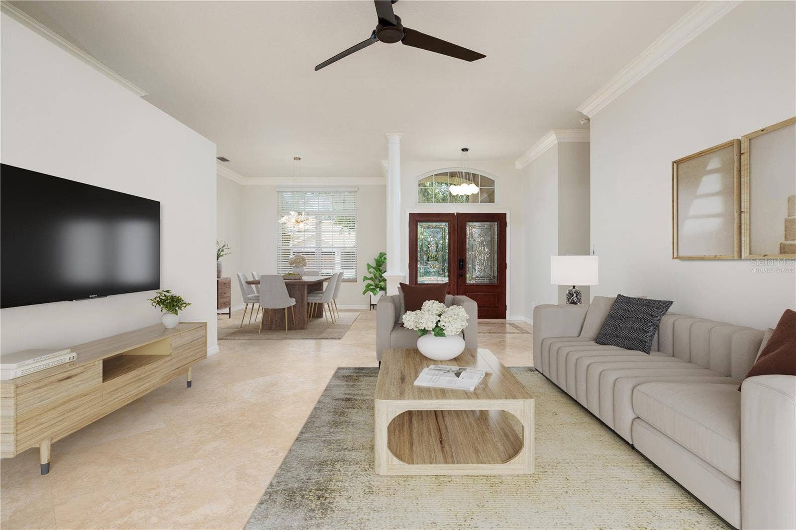 Virtually staged living room & dining area