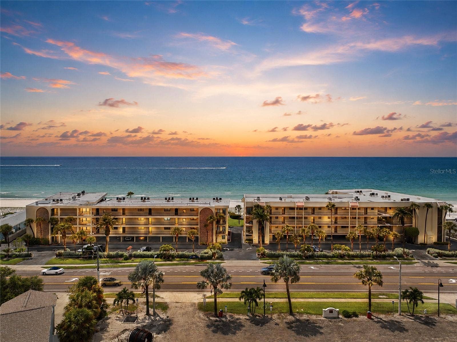 Sunset exterior view of building by the beach