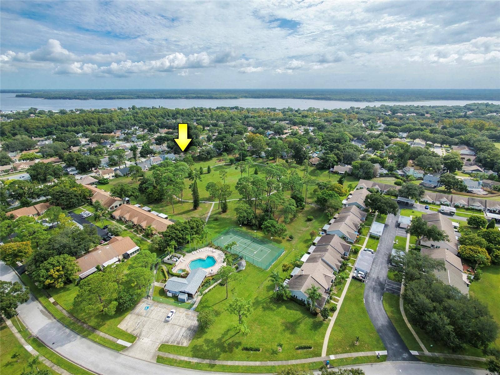 3100 PINE FOREST DRIVE, Palm Harbor, FL 34684 Hamlet at Bently Park, Lake Tarpon in the background, you can see the comunity pool, walking trails, tennis/pickleball courts available only to the residents of Bentley Park