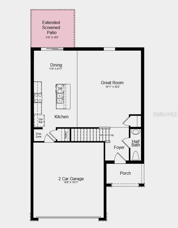 9309 CHISWELL LANE, Palmetto, FL 34221 First Floor Plan - Additional Highlights Include: GE refrigerator, washer and dryer, extended LVP flooring on the first floor, window blinds throughout, and vertical blinds on the sliding glass door