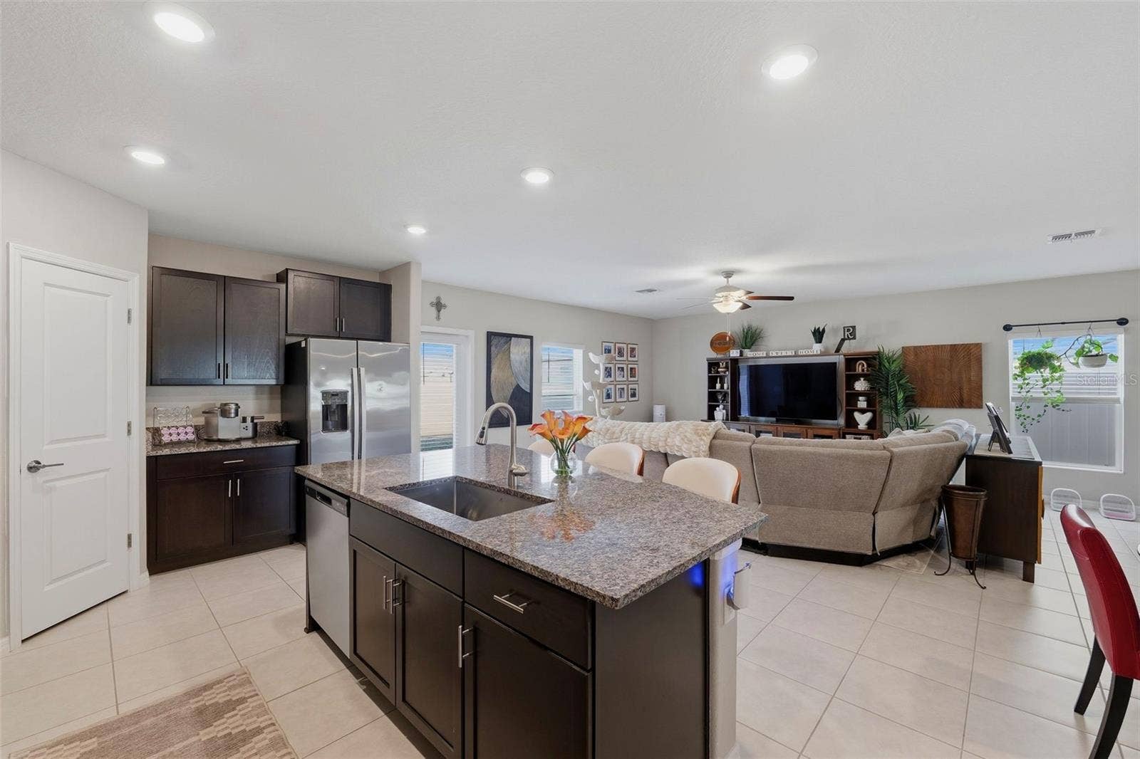 Open kitchen, dining, and living room