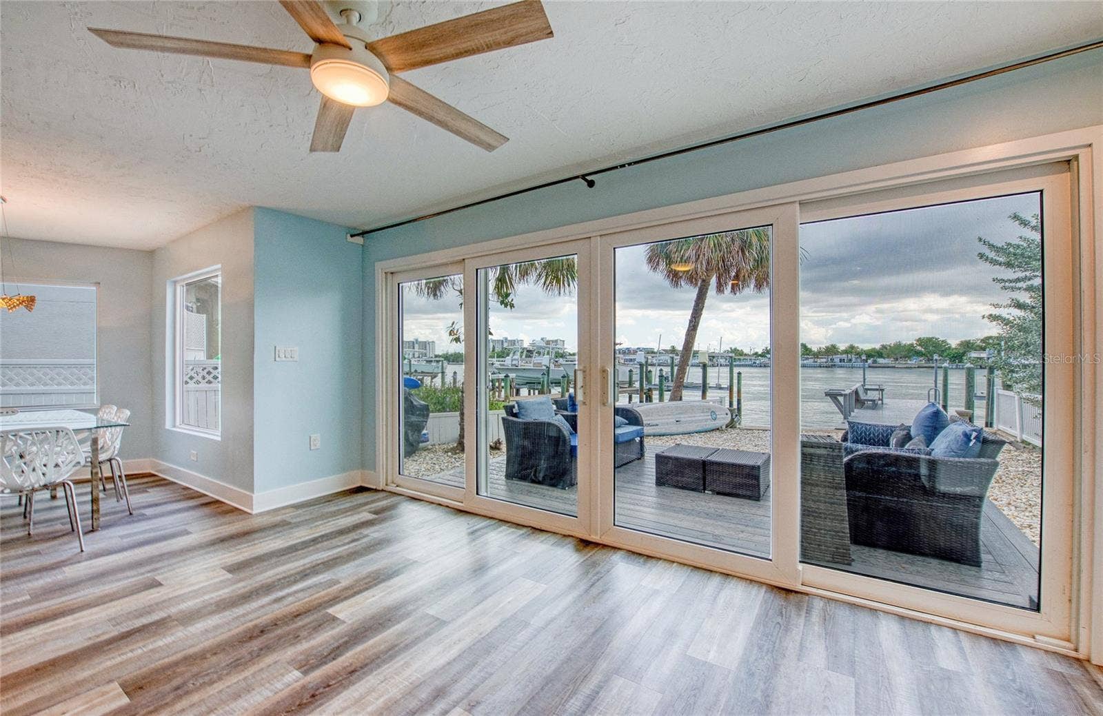 View through the sliding glass doors in the living room