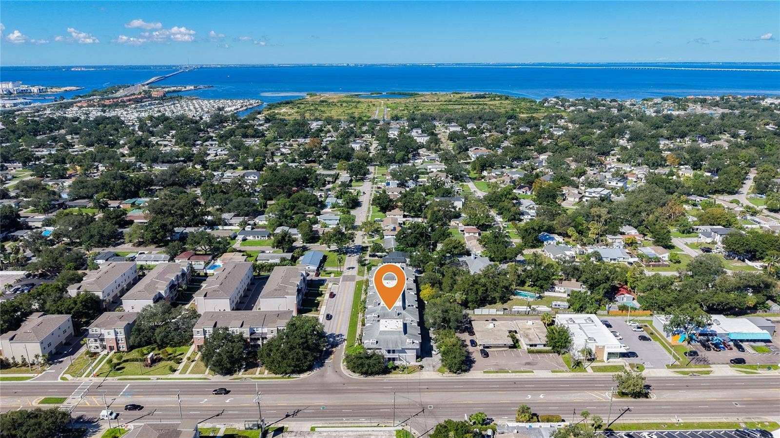 Aerial shot facing west toward Old Tampa Bay