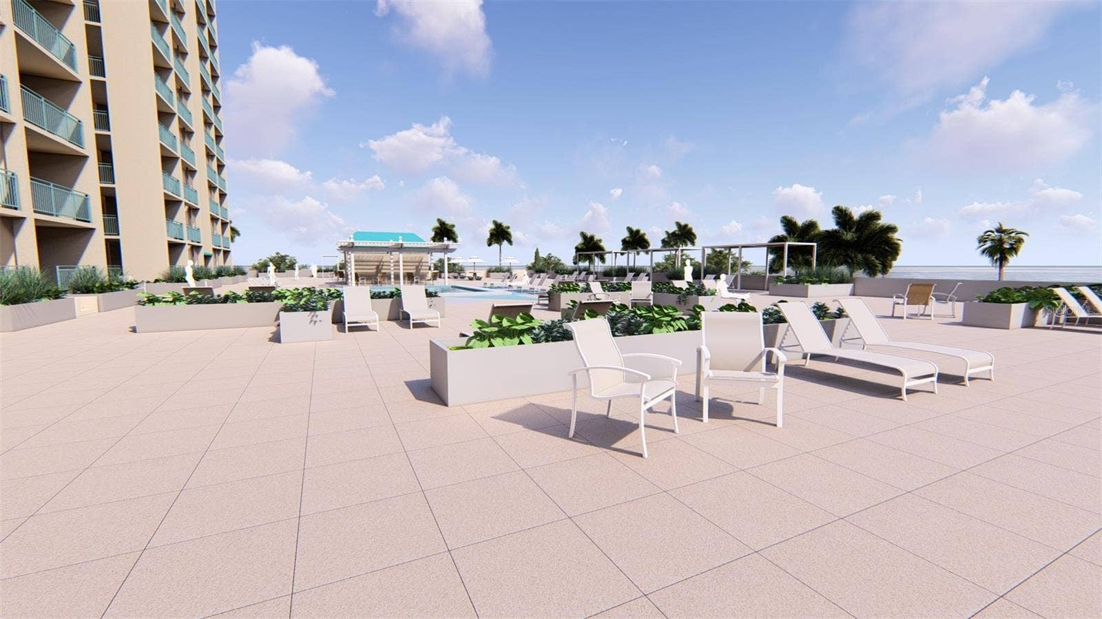 1390 GULF BOULEVARD, #1203, Clearwater, FL 33767 Artist Rendering Pool Deck. Final design and finishes may vary.