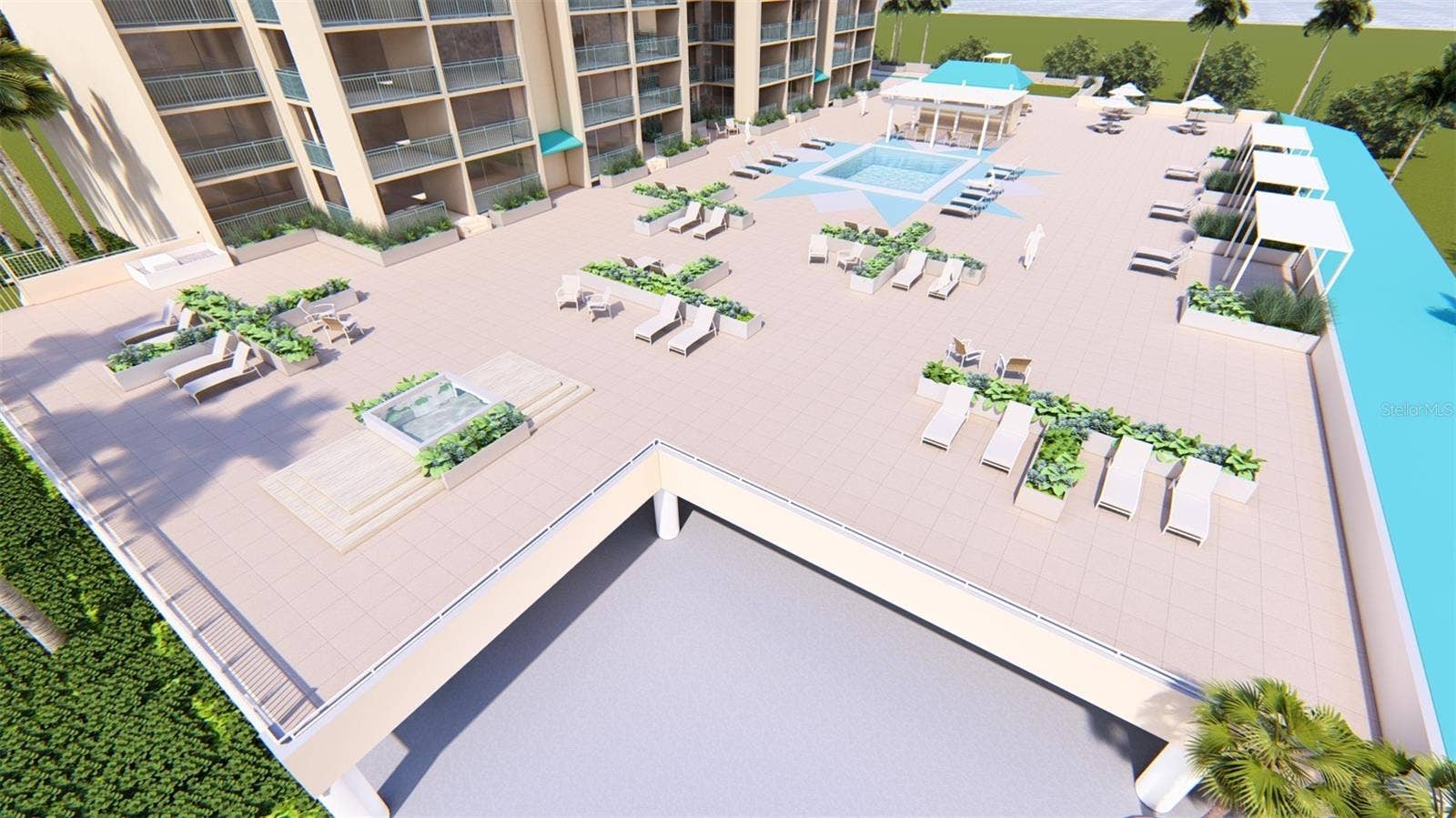1390 GULF BOULEVARD, #1203, Clearwater, FL 33767 Artist Rendering Pool Deck. Final design and finishes may vary.