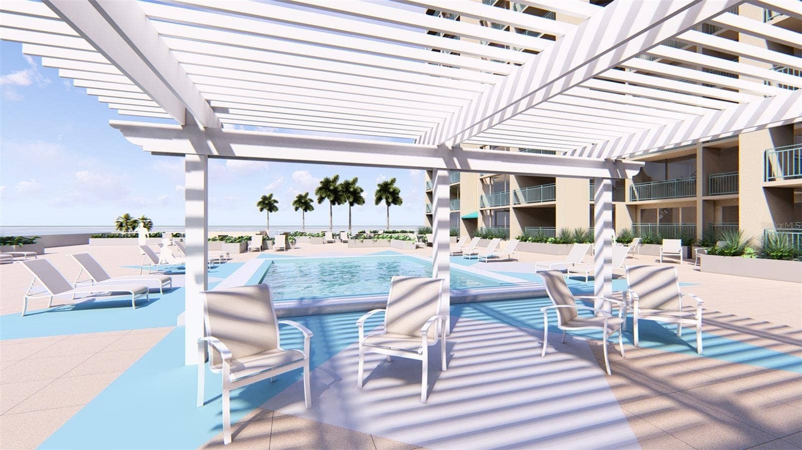 1390 GULF BOULEVARD, #1203, Clearwater, FL 33767 Artist Rendering Pool Deck. Final design and finishes may vary.
