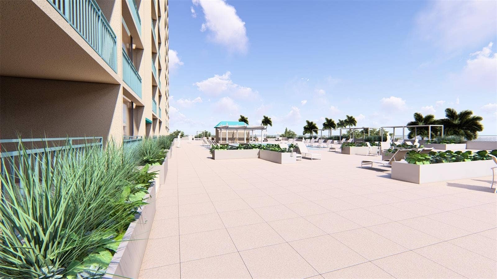 1390 GULF BOULEVARD, #1203, Clearwater, FL 33767 Artist Rendering Pool Deck. Final design and finishes may vary.