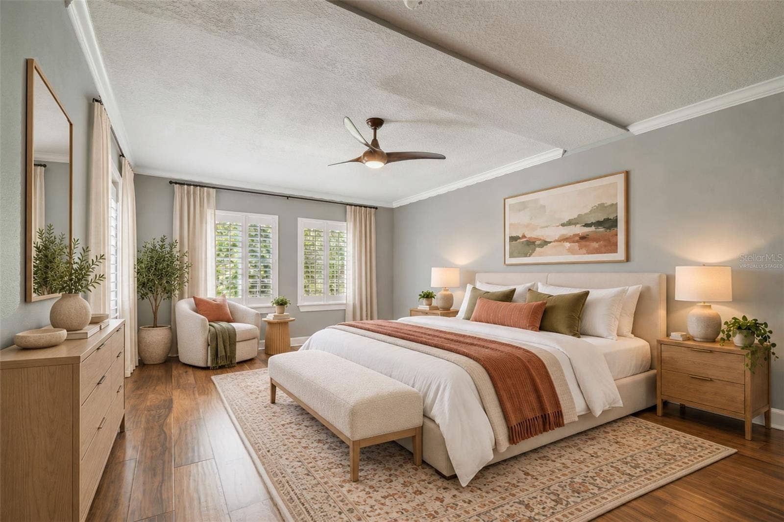 435 S OREGON AVENUE E, #304, Tampa, FL 33606 Virtually staged primary bedroom, easily accommodating a king size bed and end tables.