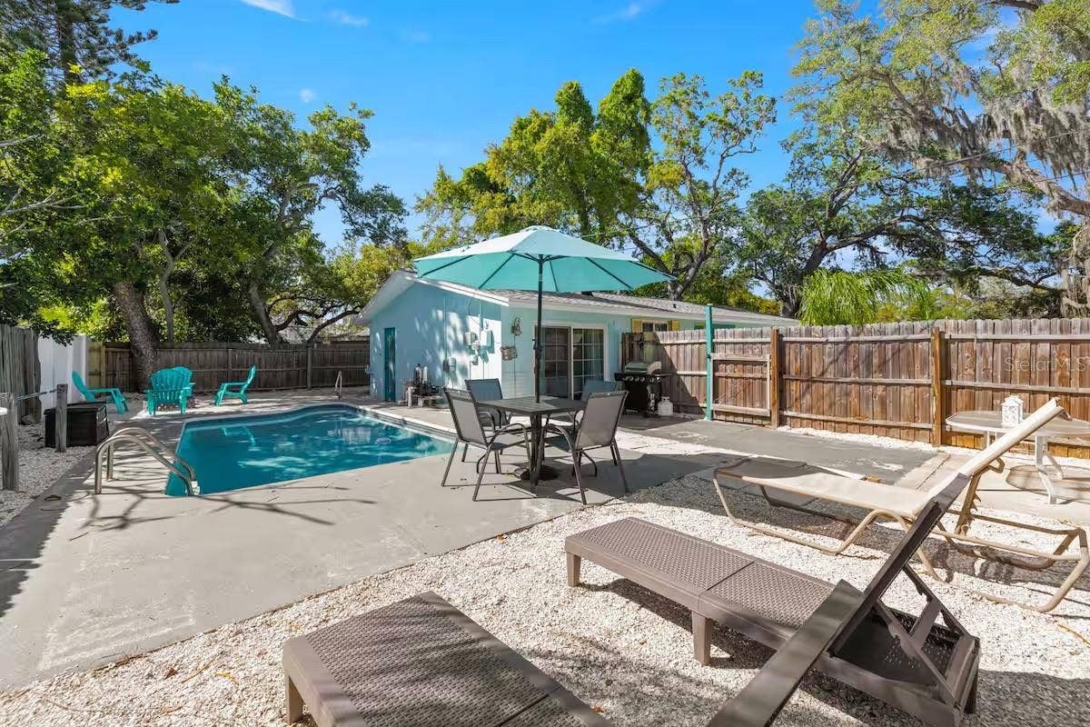 201 SOUTH STREET, Palm Harbor, FL 34683 Plenty of room to spread out around the pool, with dedicated areas for dining, grilling, lounging, and enjoying the Florida sunshine.