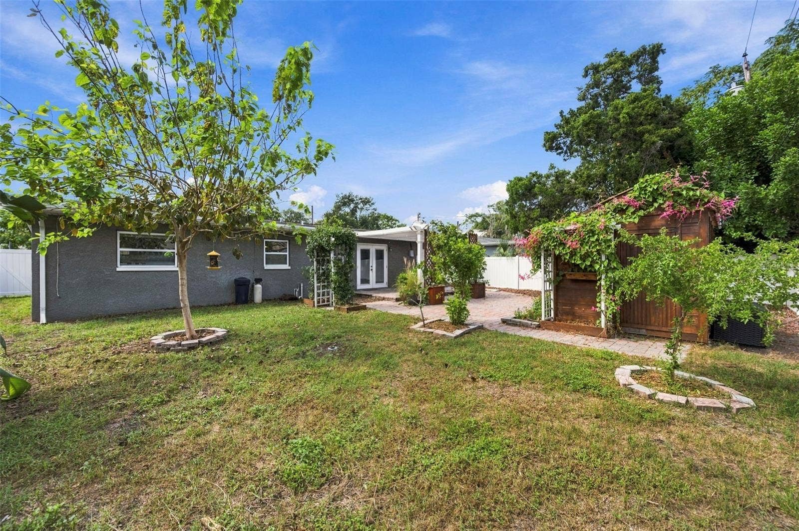 Large, fenced backyard with mature fruit trees