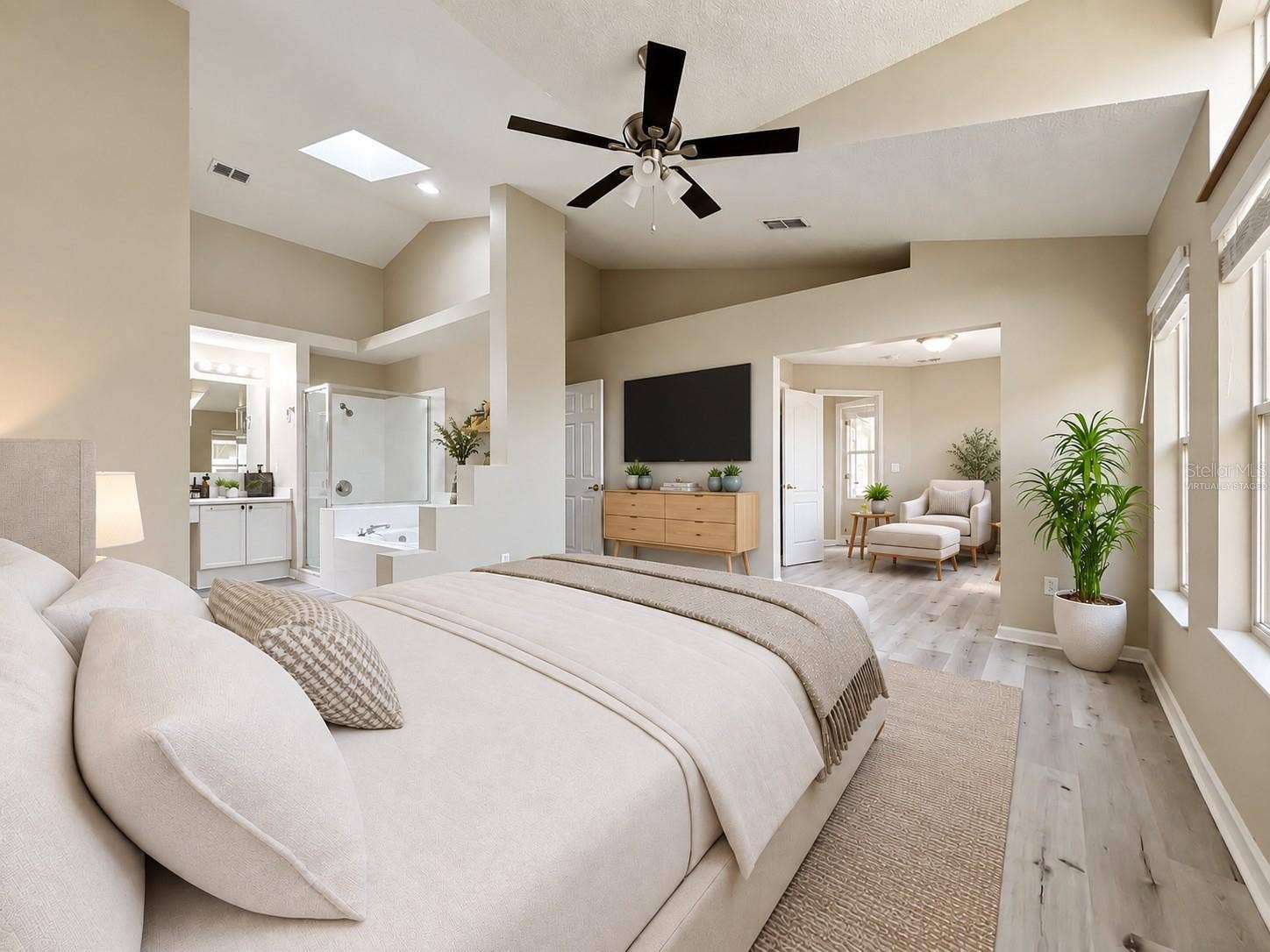 Virtually staged primary bedroom