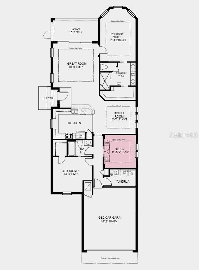 Floor Plan - Additional Highlights Include: 4' garage extension, tray ceiling package, double pocket doors into study, 8' interior doors, pre-plumb for future laundry room sink, and keyless pad for garage door