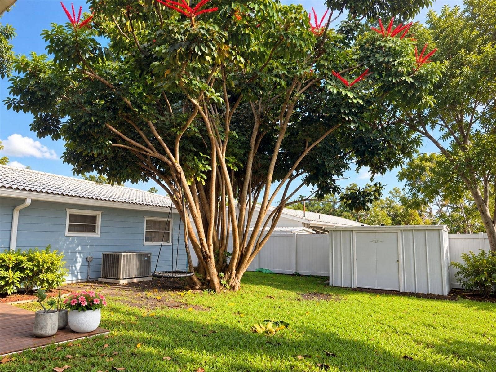 5701 6TH WAY S, St Petersburg, FL 33705 Tree swing and Convenient backyard storage shed provides extra space for tools and gardening equipment.