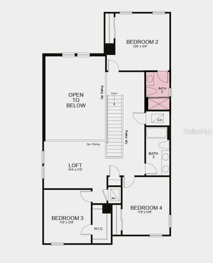 Second Floor Plan - Additional Highlights Include: tray ceiling in primary bedroom, shower in bathroom 2, pocket sliding glass door in great room, 8' interior doors, single pocket door in primary bedroom into bathroom, oak stair treads, outdoor kitchen rough-in, pre-plumb for future laundry room sink, and LVP throughout main living area