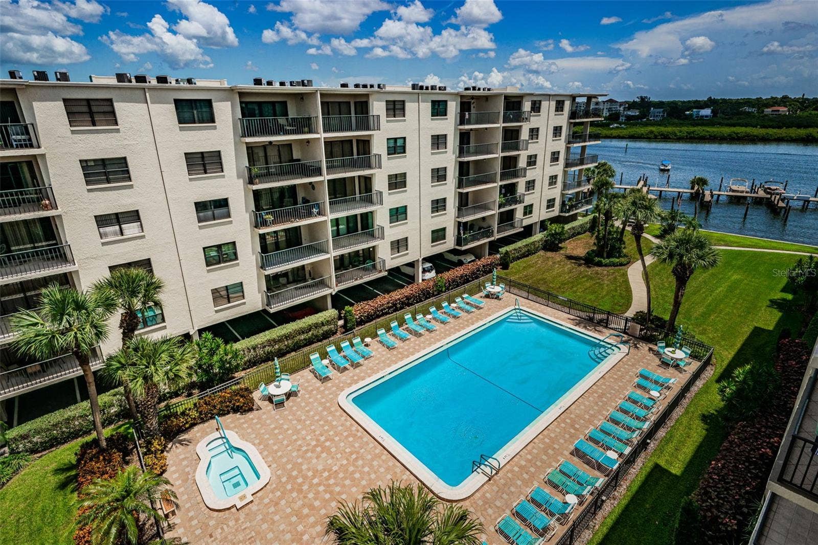 19531 GULF BOULEVARD, #604, Indian Shores, FL 33785 Aerial view of the Inground Pool and Spa, Directly on the Intracoastal with Newly Constructed Boat Slips!