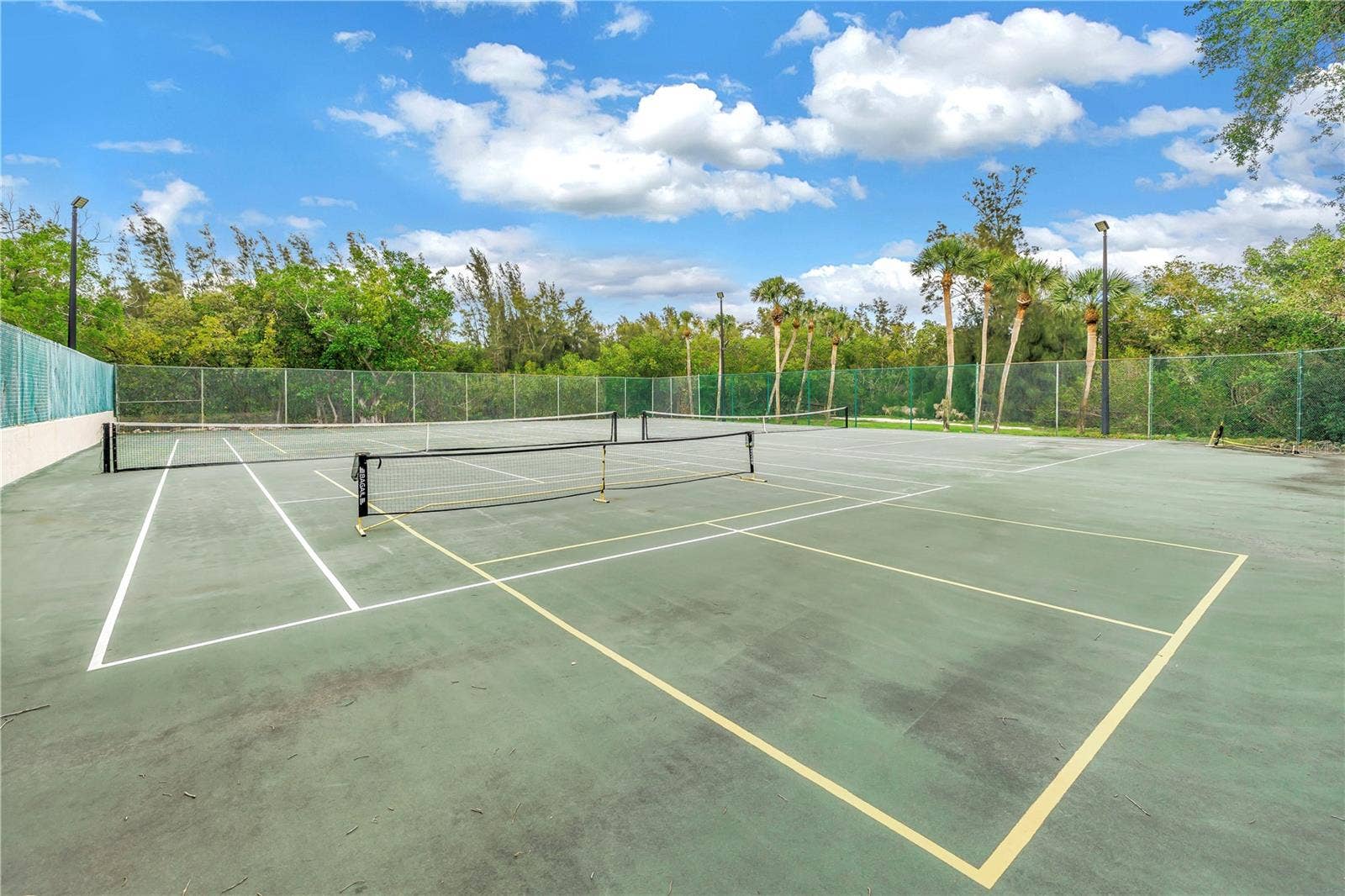 1186 GASPARILLA DRIVE NE, St Petersburg, FL 33702 These two pickleball courts are easily accessible for day or night play and feature full lighting. The property also includes a tennis court.