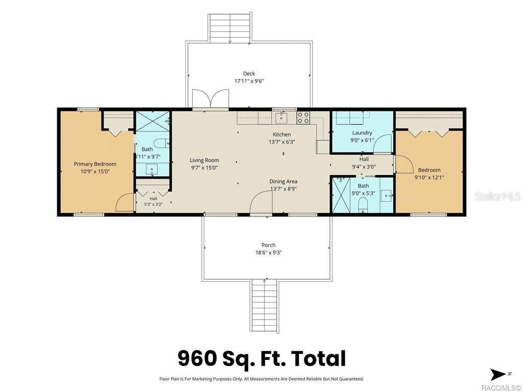 6230 W GLEN ROBBIN COURT, Crystal River, FL 34429 Floor Plan Convenient floor plan illustrating the home's 2-BEDROOM, 2-BATH layout, OPEN LIVING & DINING AREAS, kitchen, indoor laundry, COVERED FRONT PORCH & REAR DECK. Floor plan measurements are approximate.