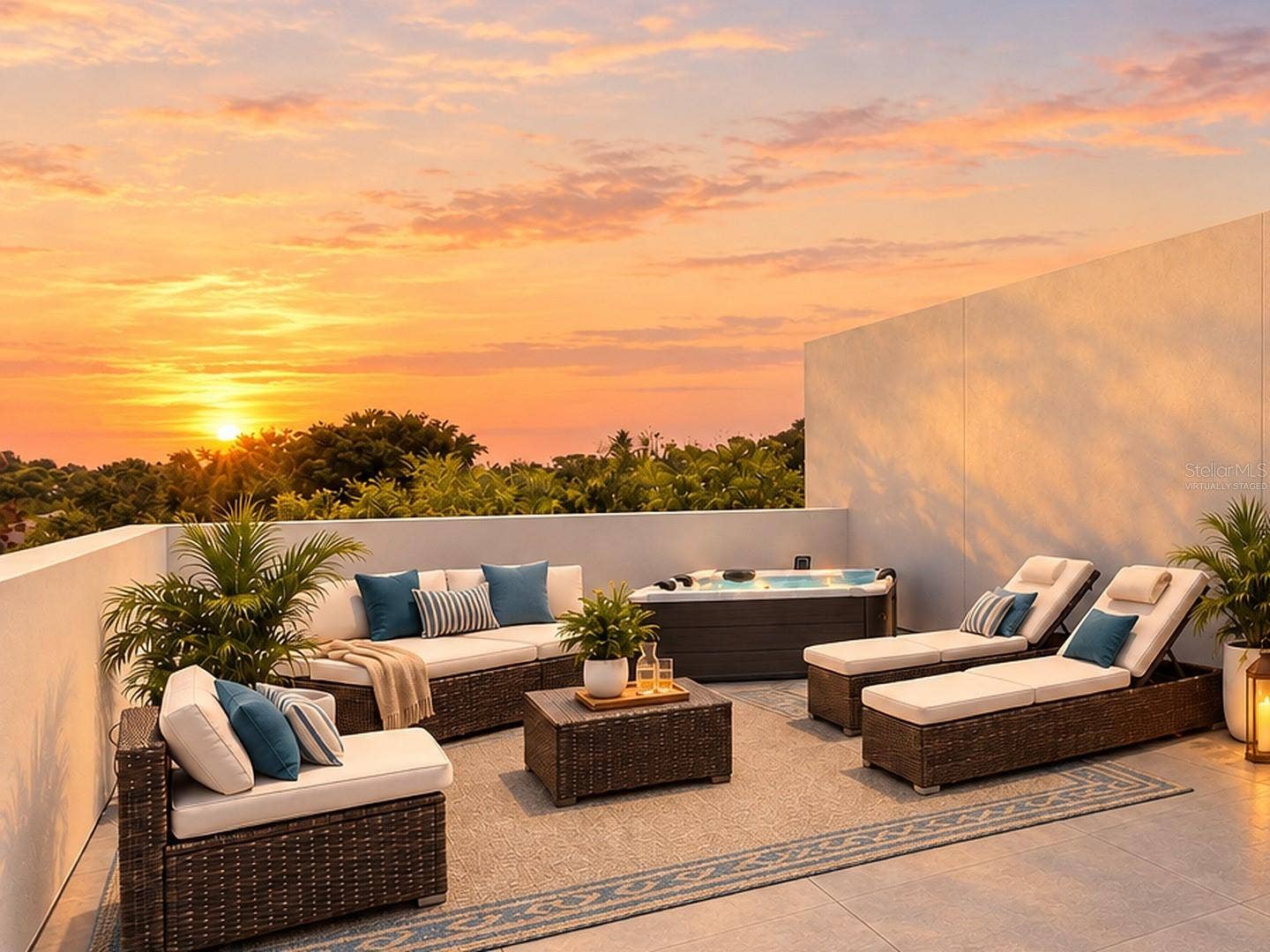 Virtually staged rooftop terrace; furnishings and hot tub shown are not included