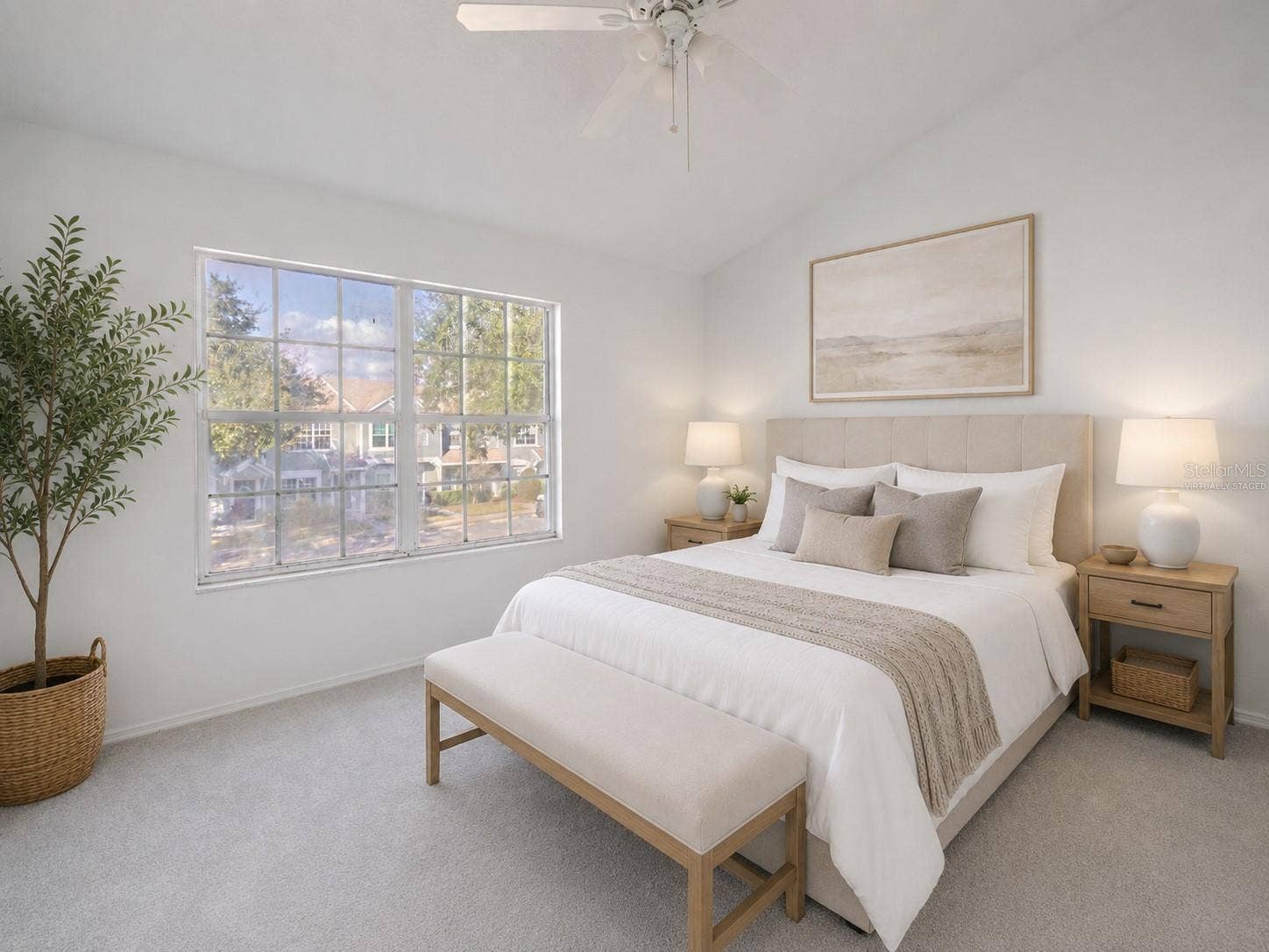 2432 LAKE WOODBERRY CIRCLE, Brandon, FL 33510 The 2nd bedroom features carpet, a ceiling fan with light kit and vaulted ceiling. (Photo has been virtually staged.)