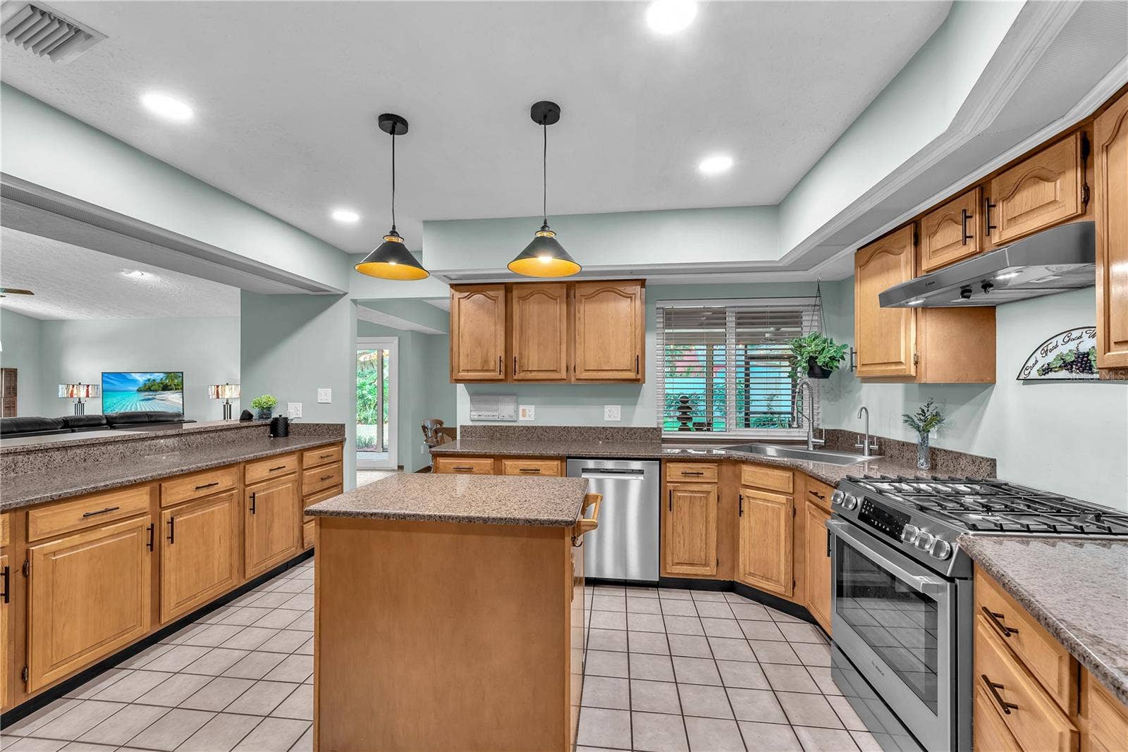 Recently upgraded Bosch stainless steel appliances with gas range with convention baking.