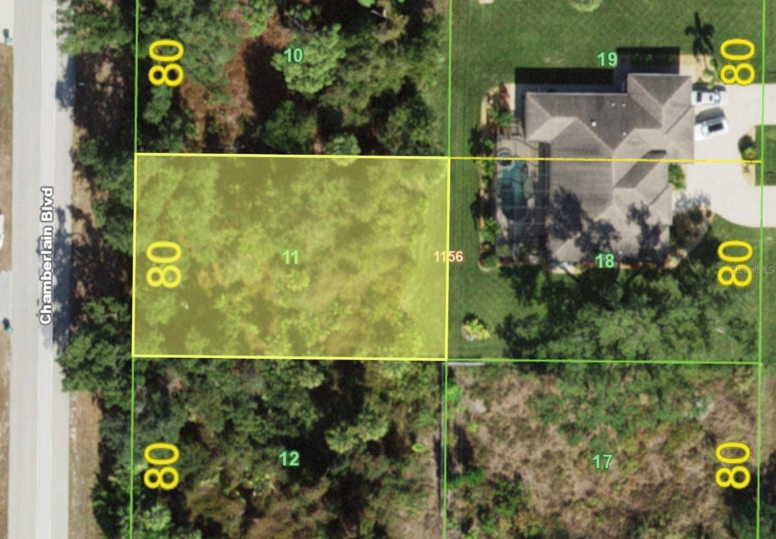 16427 CHAMBERLAIN BOULEVARD, Port Charlotte, FL 33954 Aerial parcel map, 80x125 lot on Chamberlain Blvd