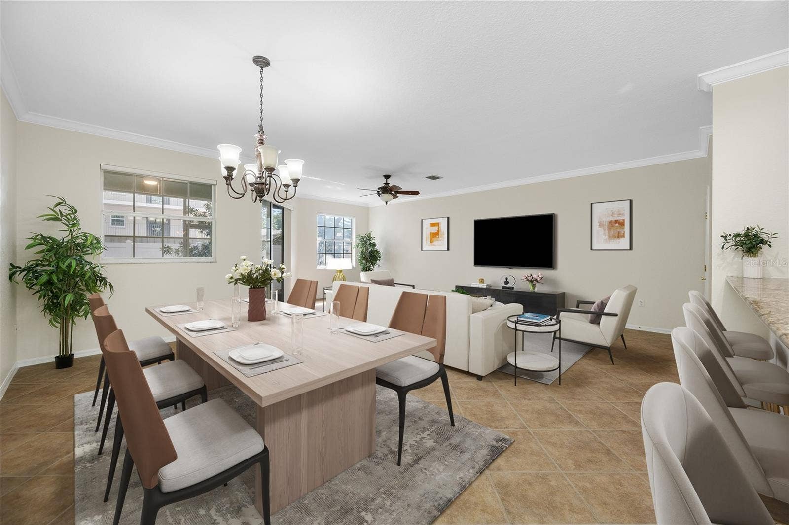 Virtual Staging Dining Room with Breakfast Bar and Great Room Layout!