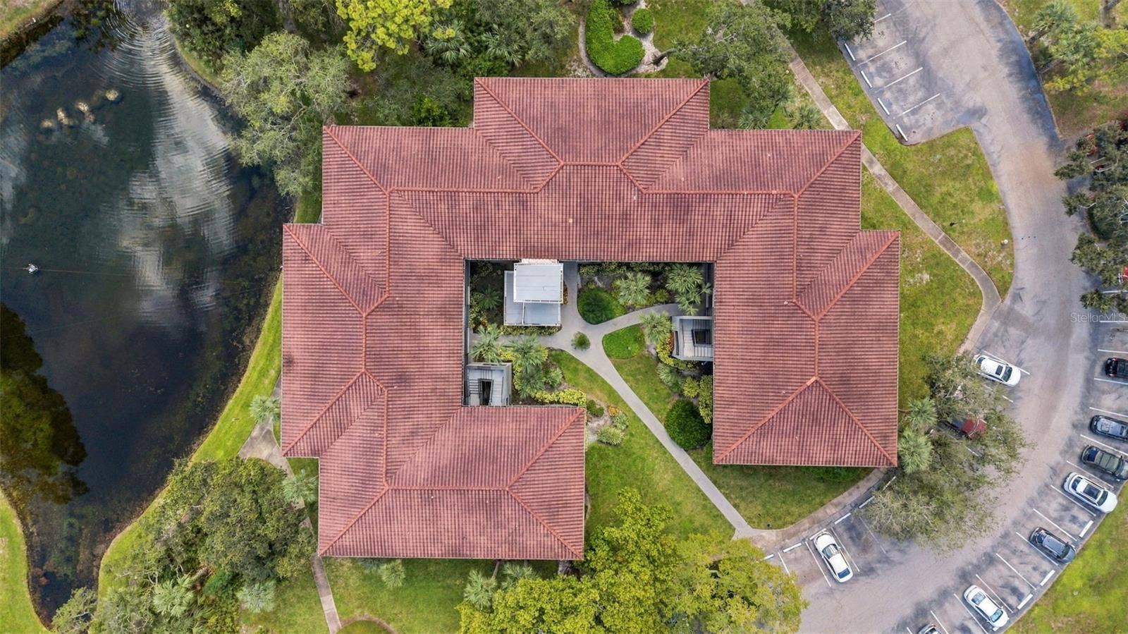 Aerial view showcasing the well-maintained building and roof