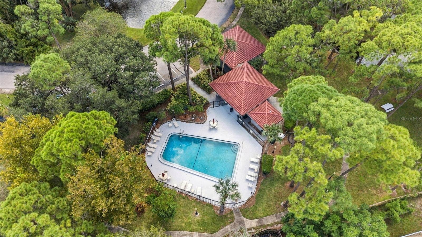 Aerial view of the beautiful community pool and surrounding amenities
