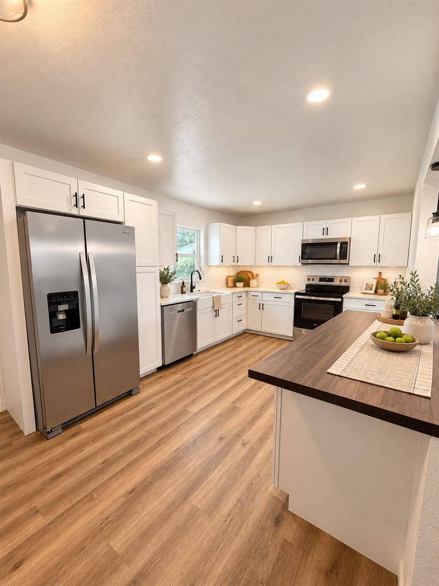 120 HAWTHORNE ROAD, Winter Haven, FL 33884 Virtually styled kitchen showcasing generous counter space, white cabinetry, and stainless steel appliances.