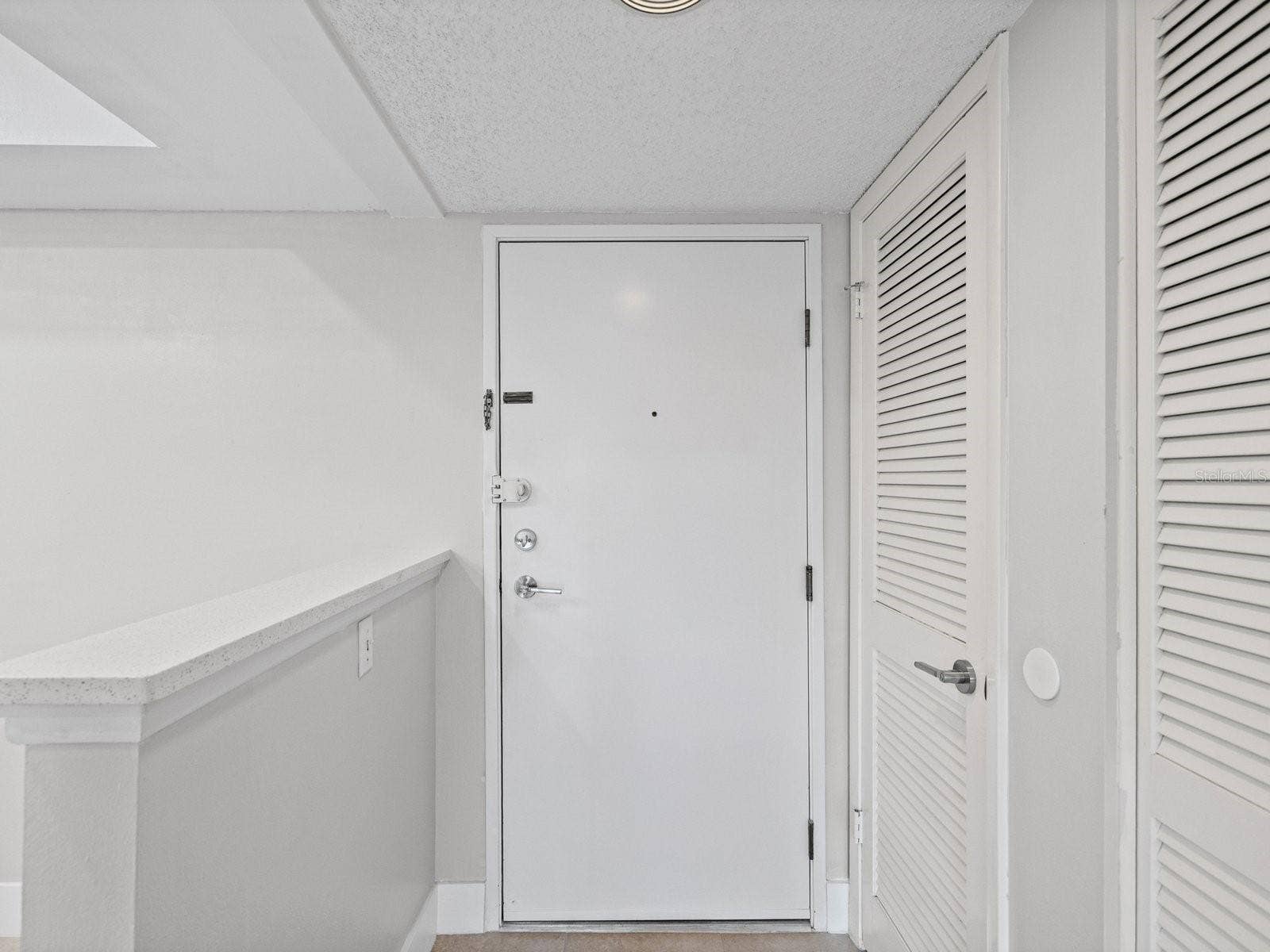 Entry with kitchen on left and pantry closet on right