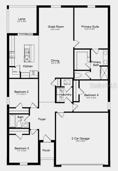 Floor Plan ~ Additional Highlights Include: GE refrigerator, laundry pkg, extended LVP flooring, whole house blinds, and vertical blinds on sliding doors