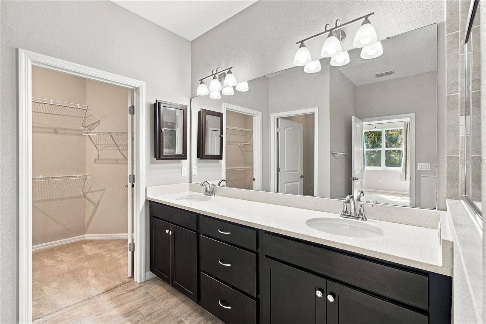 12417 BRICK COBBLESTONE DRIVE, Riverview, FL 33579 Double sink vanity with ample storage, medicine cabinet, and walk-in closet to the left