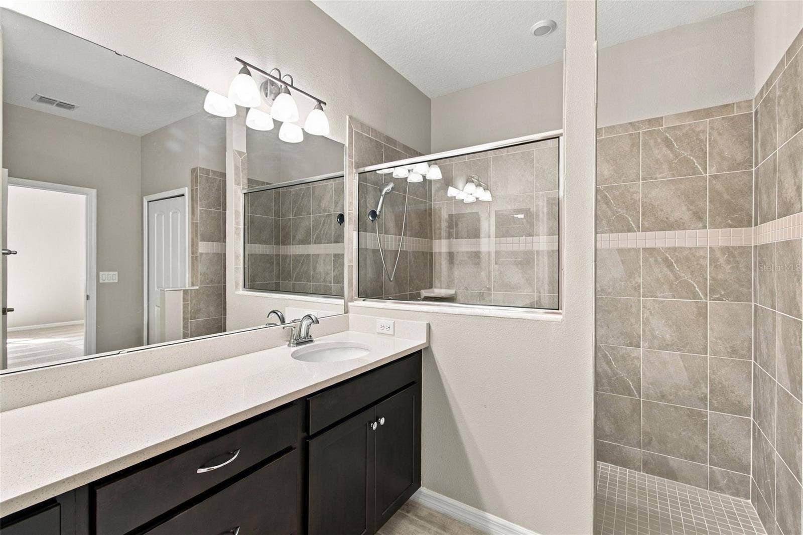12417 BRICK COBBLESTONE DRIVE, Riverview, FL 33579 View of vanity and walk-in shower separated by half glass wall