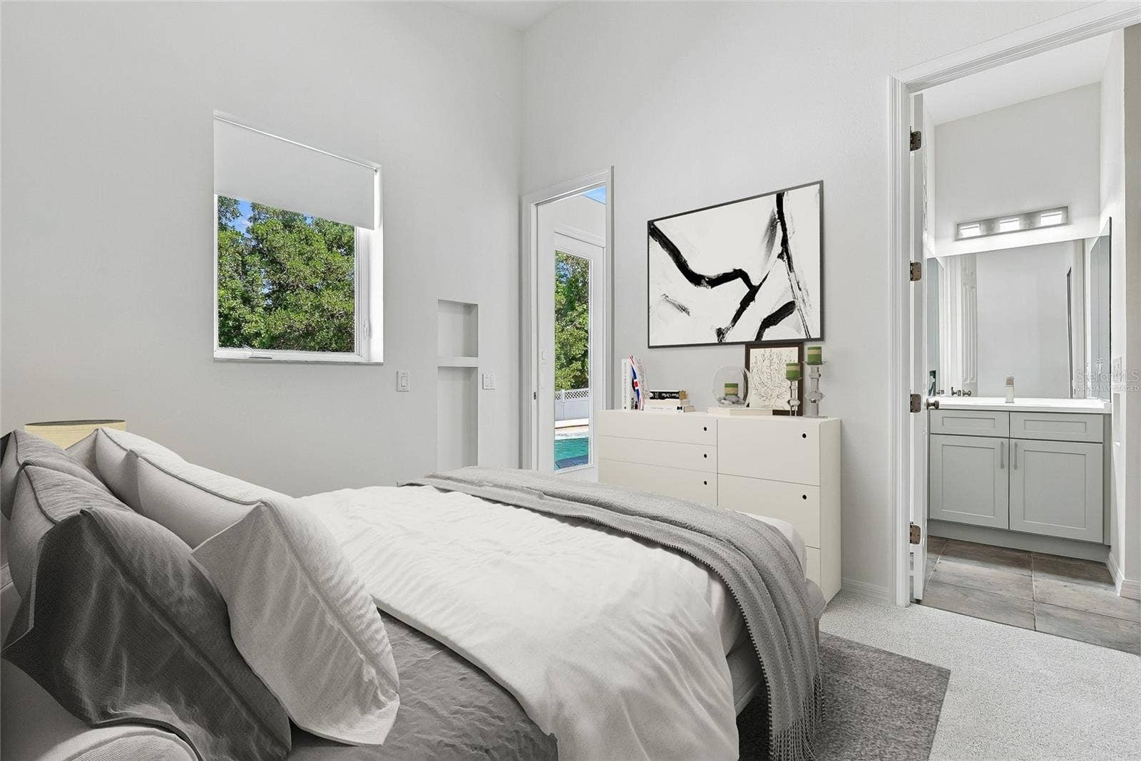 Rear bedroom has an en-suite dully accessed bathroom suite with shower. Virtually staged.