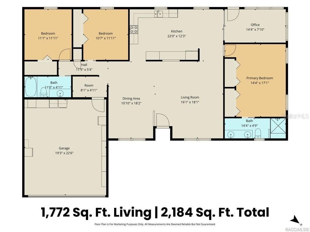 6268 W WESTON DRIVE, Crystal River, FL 34429 FLOOR PLAN Thoughtfully designed 3BD/2BA + BONUS ROOM offering 1,772 SQFT OF LIVING SPACE and 2,184 SQFT TOTAL! The spacious layout features an OPEN LIVING & DINING AREA, generously sized kitchen, SPLIT-BEDROOM DESIGN for added privacy, comfortable PRIMARY SUITE w/private bath, two guest bedrooms, guest bathroom & ATTACHED 2-CAR GARAGE!