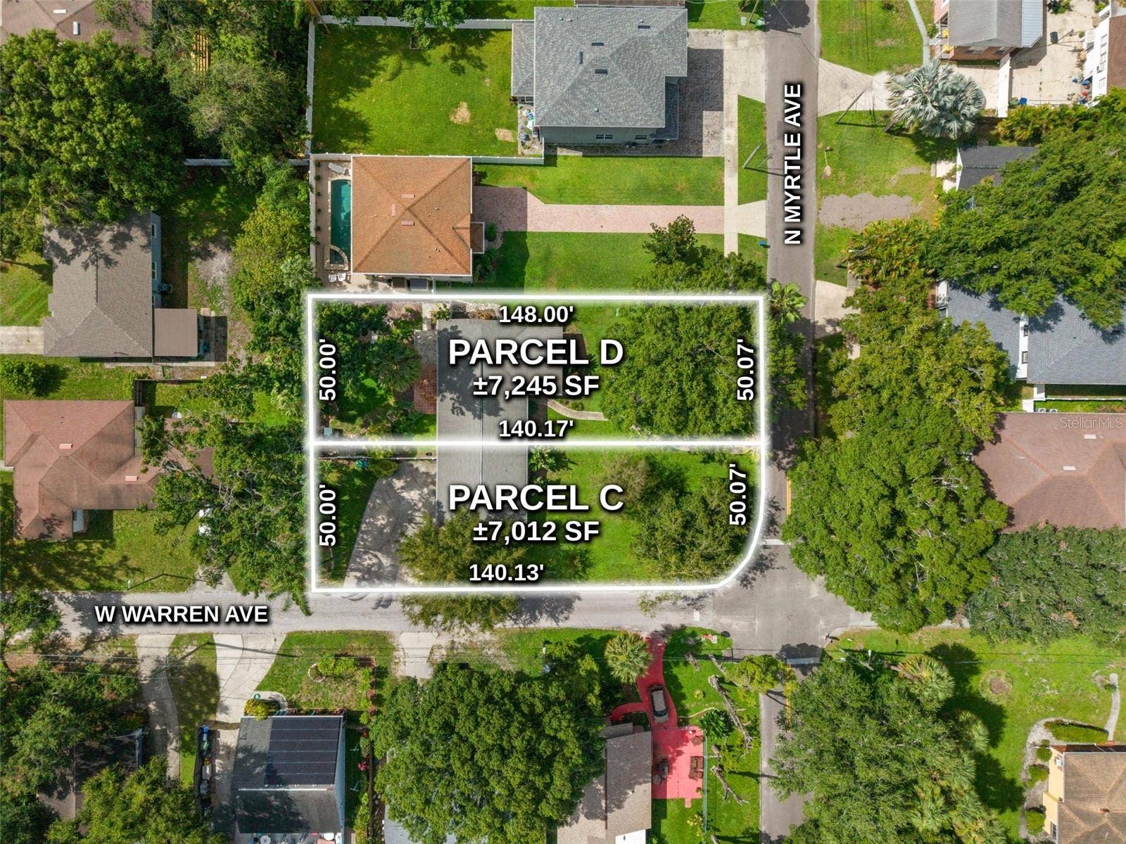 2725 N MYRTLE AVENUE, Tampa, FL 33602 Aerial of both lots with dimensions: corner lot about 7,012 SF and interior lot about 7,245 SF