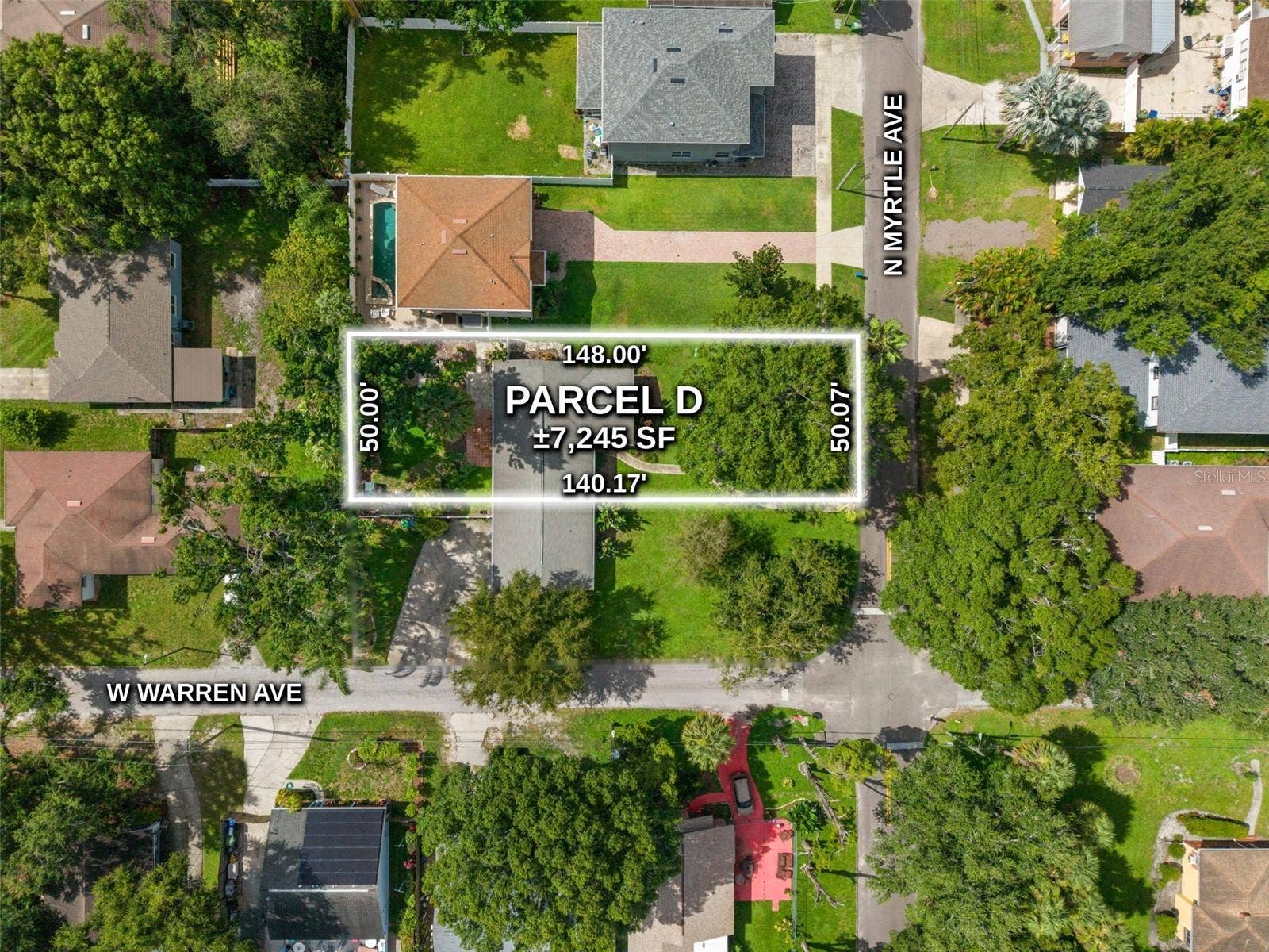 Aerial of the lot on N Myrtle Ave, second lot south of W Warren Ave, about 7,245 SF