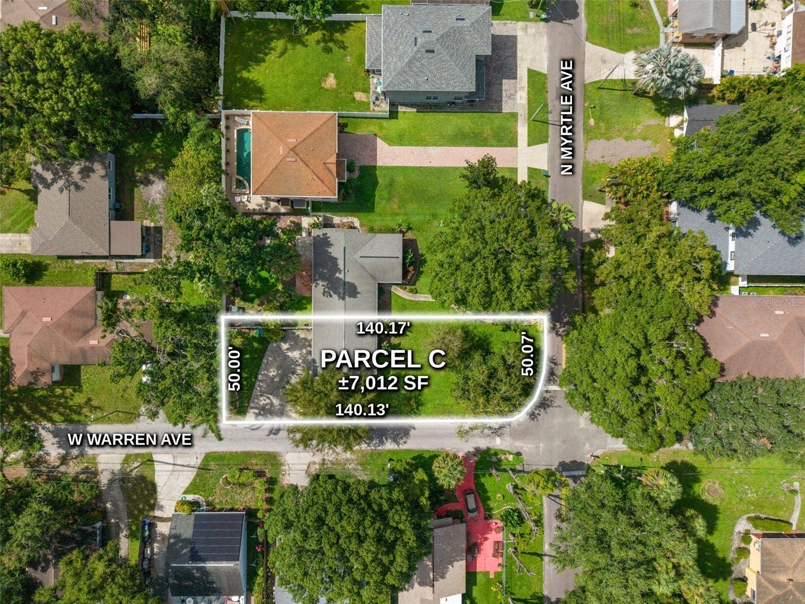 2729 N MYRTLE AVENUE, Tampa, FL 33602 Aerial of the corner lot at N Myrtle Ave and W Warren Ave, about 7,012 SF