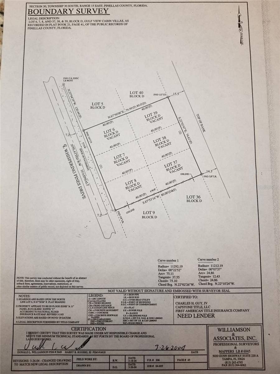 WHISPERING PINES DRIVE, Indian Shores, FL 33785 Survey 75x80 Lot