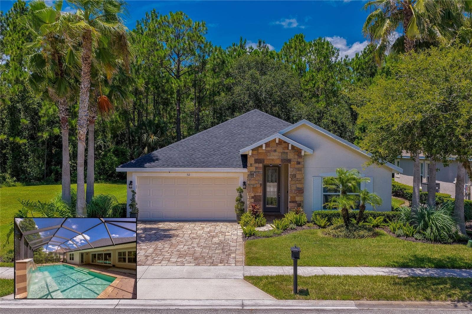 312 BIRKDALE DRIVE, Daytona Beach, FL 32124 Charming single-story exterior featuring stone accents, a paver driveway, and manicured tropical landscaping. An inset image highlights the private, screened-in pool patio complete with a pool.