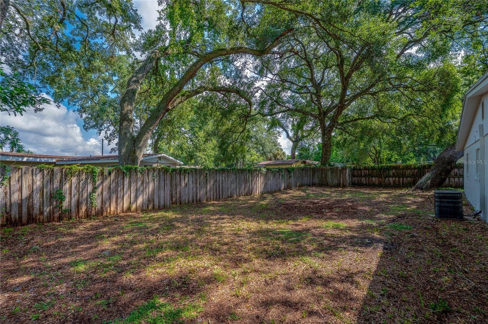 1220 LEON LANE, Daytona Beach, FL 32117 Fully fenced backyard shaded by mature trees, offering plenty of room for outdoor activities, gardening, or pets.