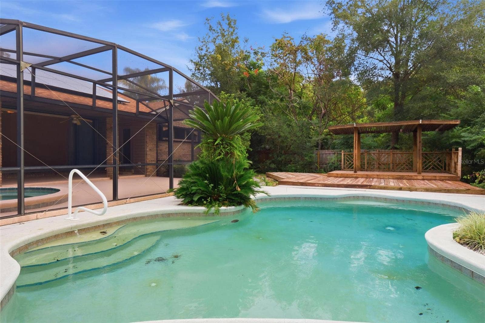 Free-form pool and covered deck.