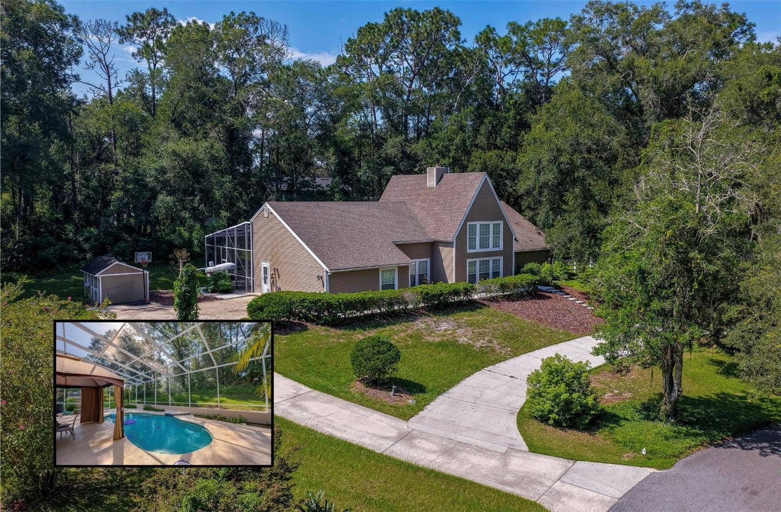 Impressive aerial view showcasing the homes spacious setting surrounded by mature trees, circular driveway, and screened-in pool. Inset highlights the inviting pool and expansive screened enclosure