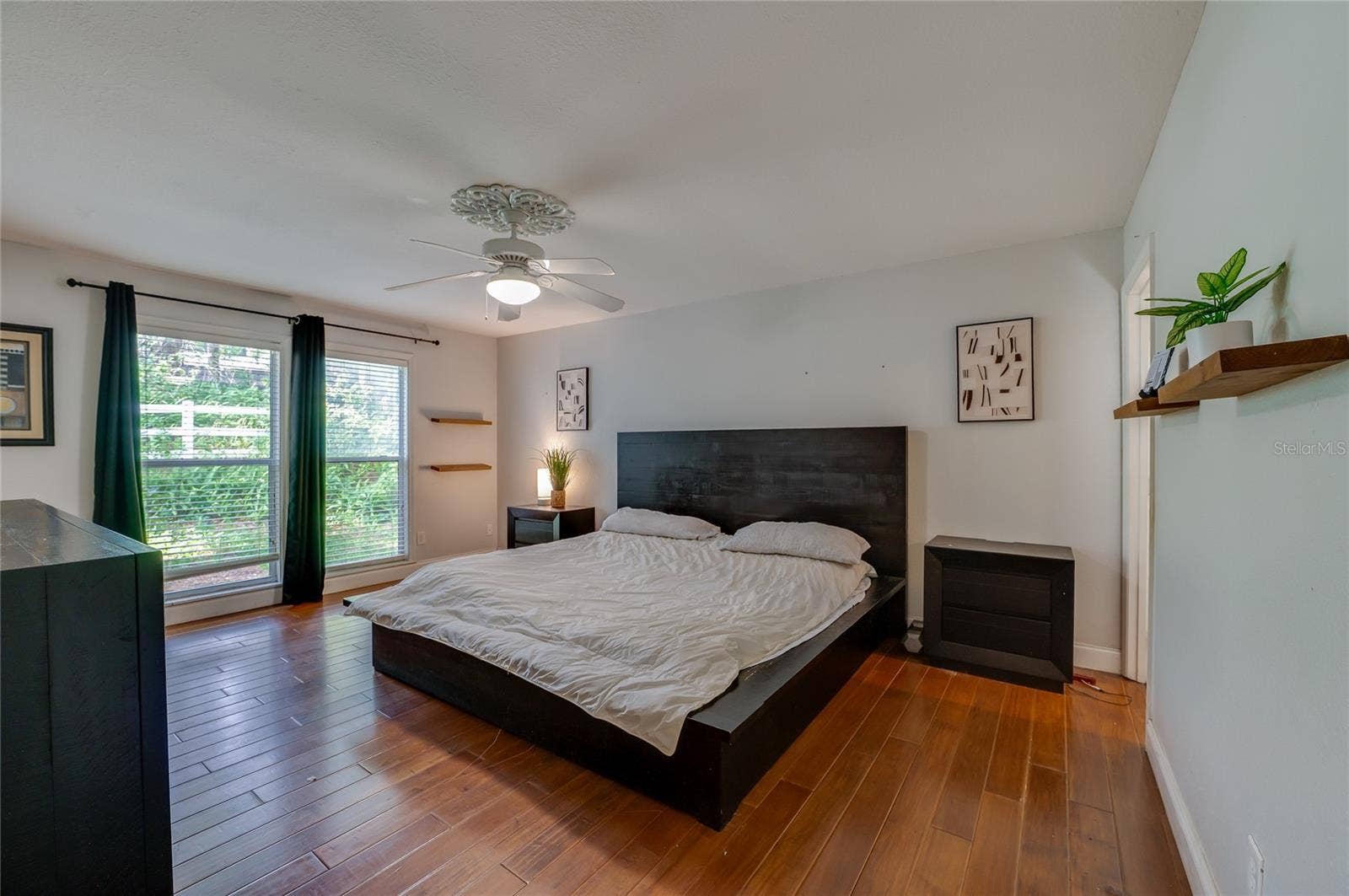Spacious bedroom boasting warm laminate floors, large windows with full-length curtains, and a ceiling fan with light fixture.