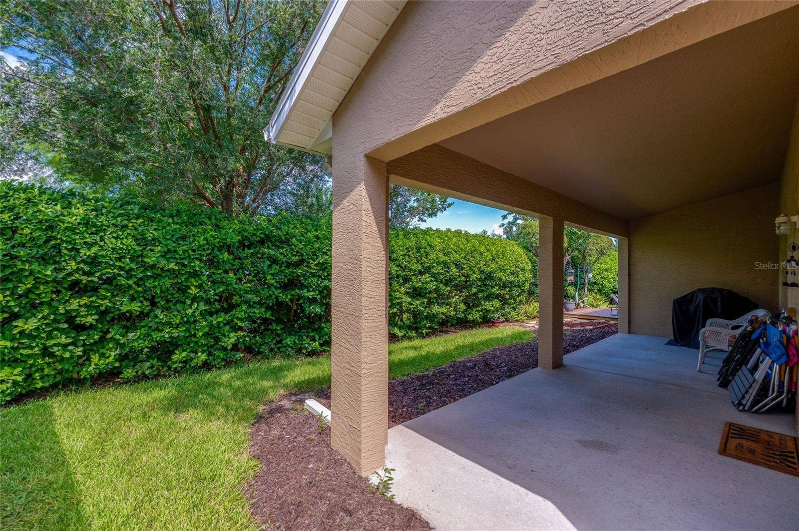 Covered concrete back patio offering protection from the elements alongside a manicured green lawn. Tall, dense privacy hedges frame the perimeter to create a quiet outdoor sanctuary.