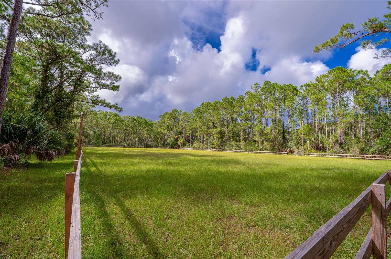 25 REMINGTON ROAD, Ormond Beach, FL 32174 Expansive fenced community riding arena bordered by a classic wooden post-and-rail fence and high pine tree treelines.