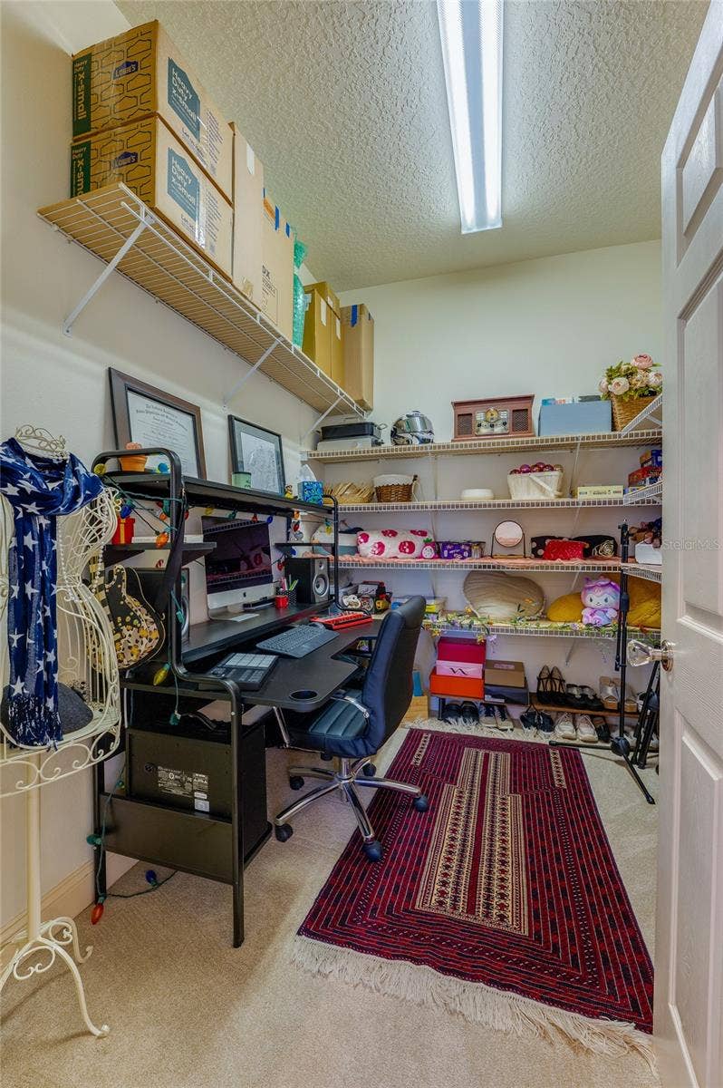 25 REMINGTON ROAD, Ormond Beach, FL 32174 Functional walk-in closet space lined with built-in wire shelving for organized storage and display. Bright overhead lighting enhances the area's versatility.
