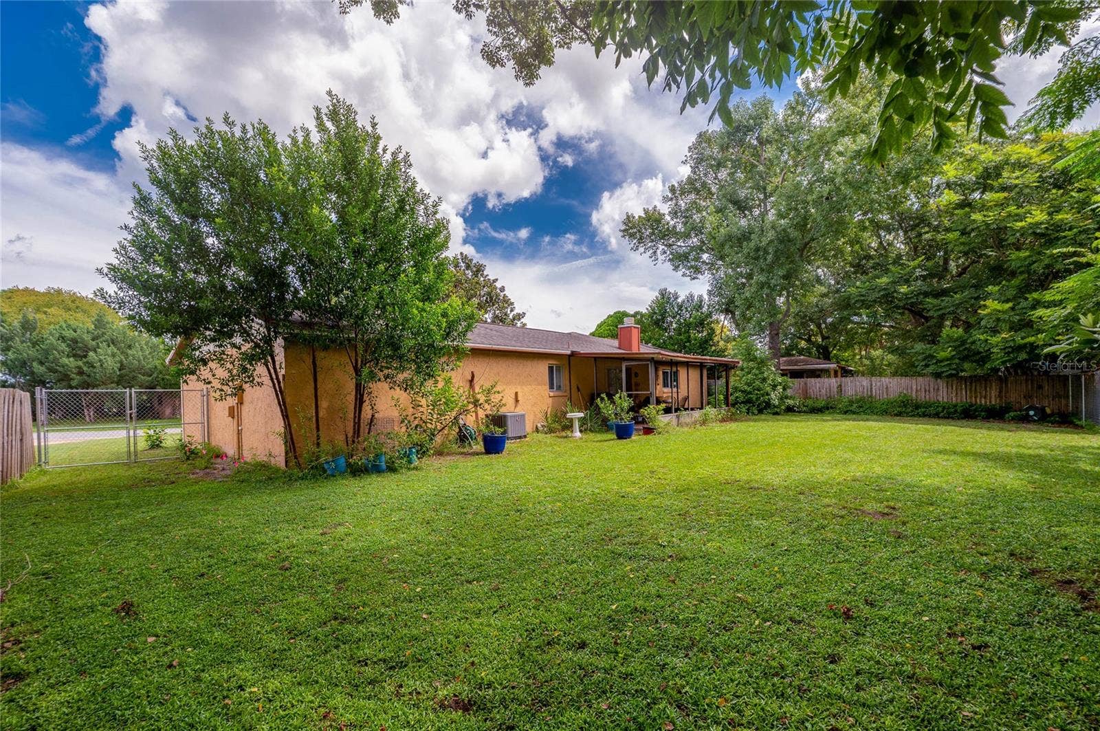 146 WESTWOOD DRIVE, Daytona Beach, FL 32119 Wide angle of the large grassy backyard framed by mature trees, highlighting the screened patio and side yard access.