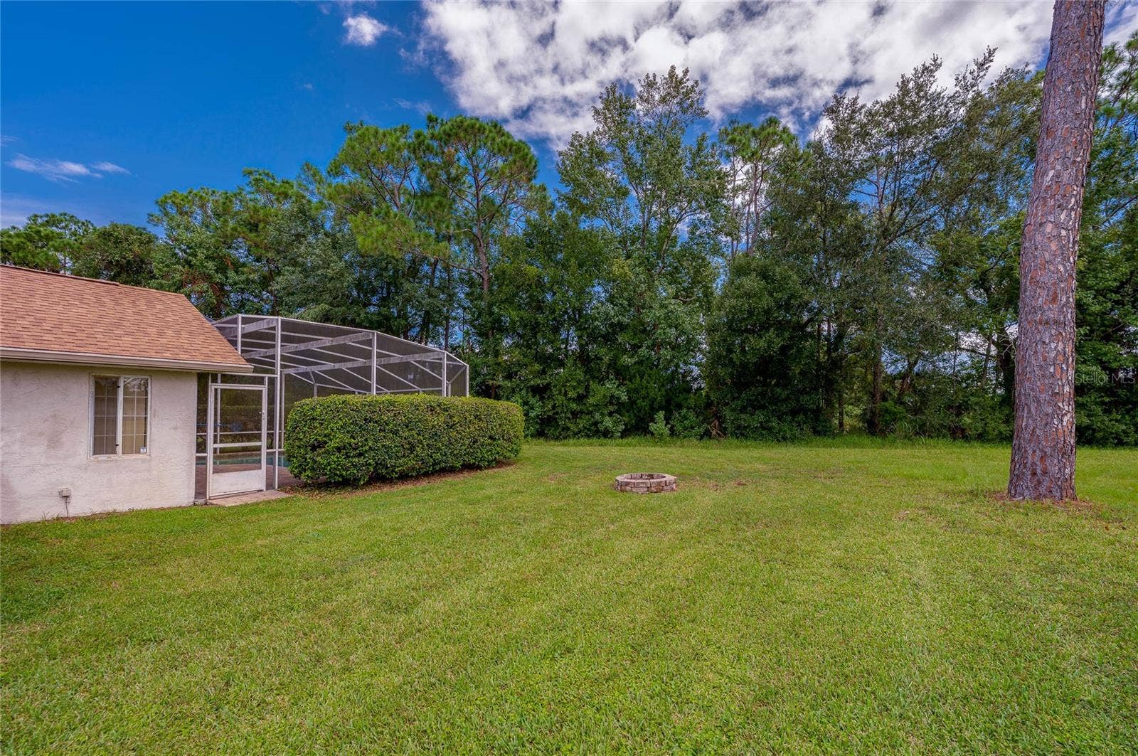 4669 SECRET RIVER TRAIL, Port Orange, FL 32129 Expansive grassy backyard featuring a stone fire pit, mature trees, and a view of the pool enclosure.